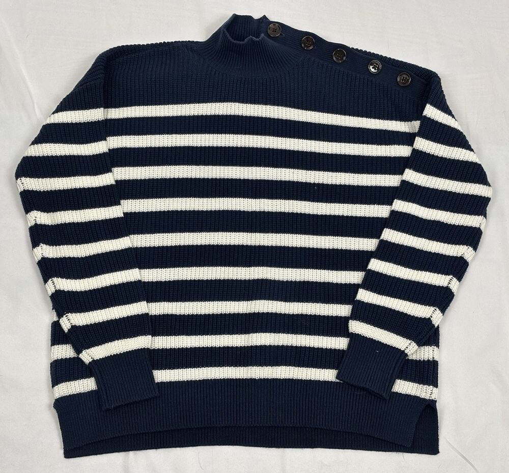 LOFT Striped Shoulder Button Mock Neck Sweater Navy Blue White Stripe Size S